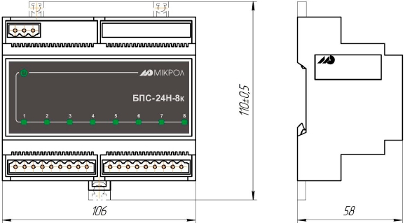 Схема габаритных размеров блока питания БПС-24Н-8к