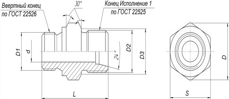 Схема габаритных  размеров штуцера Ш1