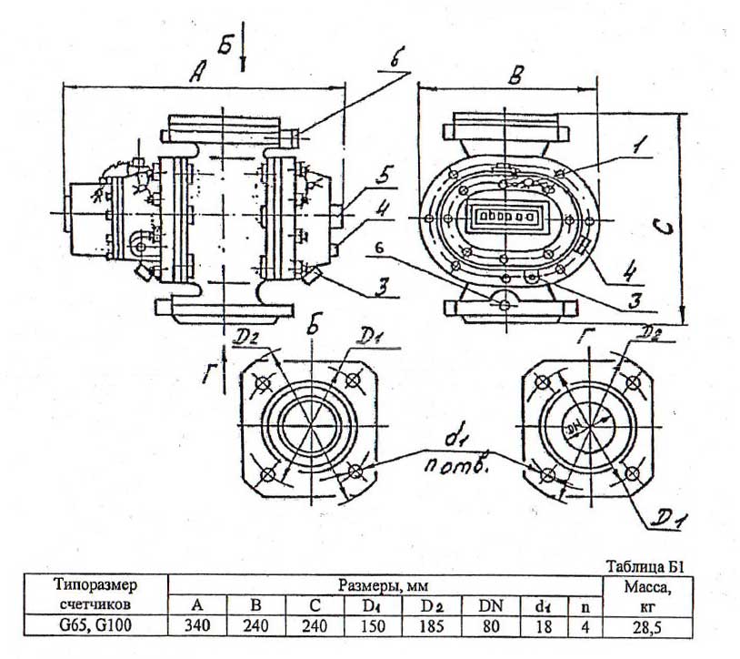 Габаритные и присоединительные размеры счетчиков типоразмеров G65, G100
