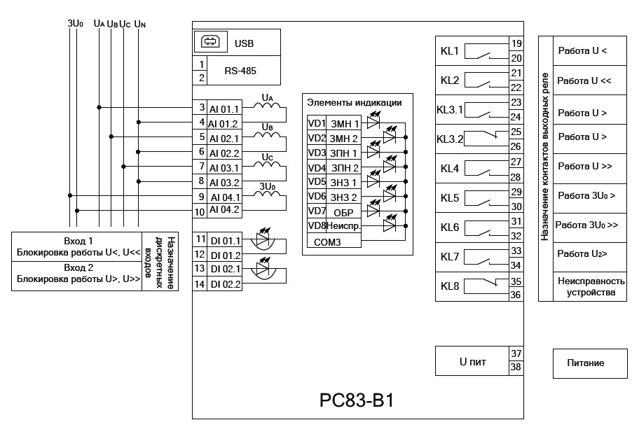 Схема подключения РС83-В1 при работе по измеренным фазным значениям