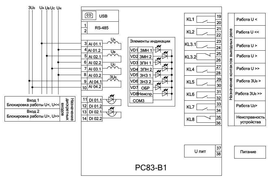 Схема подключения РС83-В1 при работе по измеренным линейным значениям