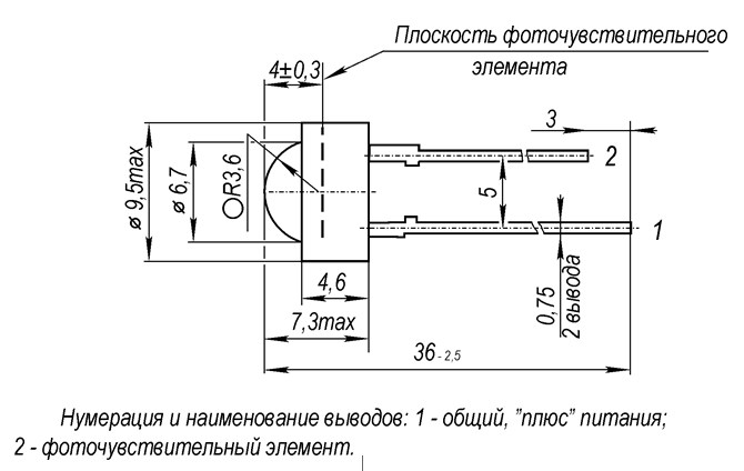 Рис.1 Схема габаритных размеров фотодиода ФД263-01