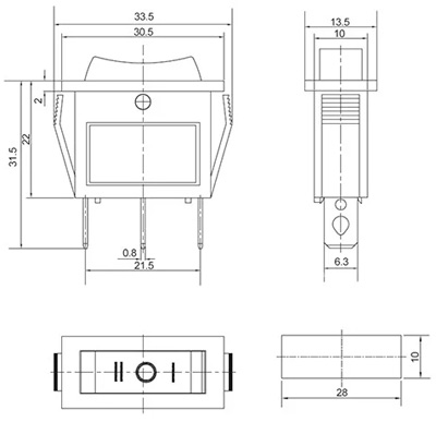 Рис.1. Габаритный чертеж переключателя KCD3-103