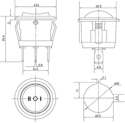 Рис.2. Габаритный чертеж переключателя KCD1-5-103