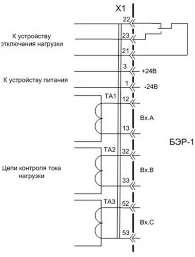  Рис.1. Схема подключений блока электронный токовой защиты БЭР-1